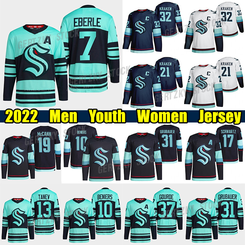 

#7 Eberle Reverse Retro hockey jersey #31 Philipp Grubauer Kraken#37 Yanni Gourde Matty Beniers Jaden Schwartz Jared McCann Brandon Tanev Adam Larsson jerseys, White men+patch