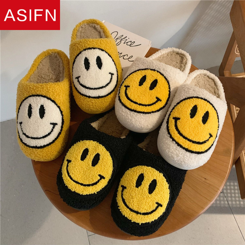 

Slippers ASIFN Winter House Girls Fur Cute Smile Pattern Women's Fluffy Warm Bedroom Ladies Cotton Female Plush Shoes 221117, Black