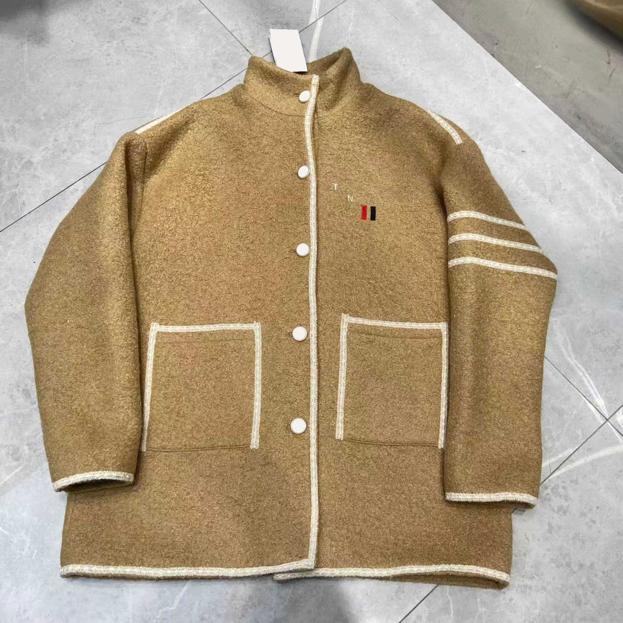 

Jacket Womens Chest Letter Logo Jacquard Color Contrast Edge Profile Outerwear Stripe Of Arm Drop Shoulder Design Button Open Coats Women Clothes, 14