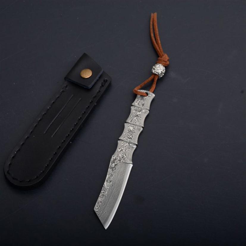 

High Quality Small Damascus Fixed Blade Knife VG10 Damascus Steel Tanto Point Blades Full Tang Bamboo Handle With Leather Sheath266B