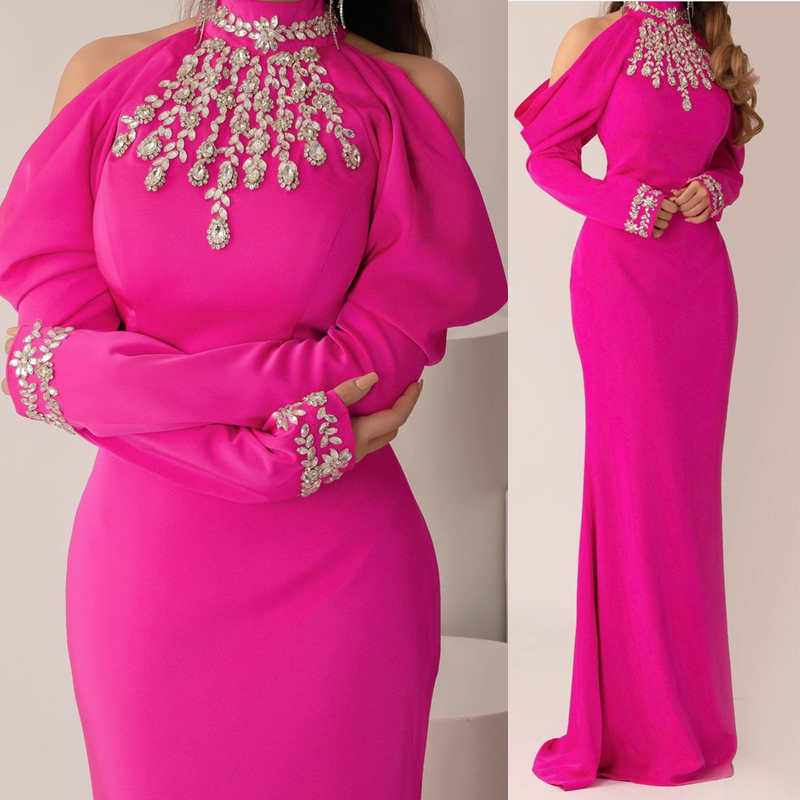 

Crystals Beaded Simple Fuchsia Prom Dresses High Neck Drop Sleeves Long Sheath Satin Formal Evening Gowns Floor Length Special Occasion Vestido, Light purple