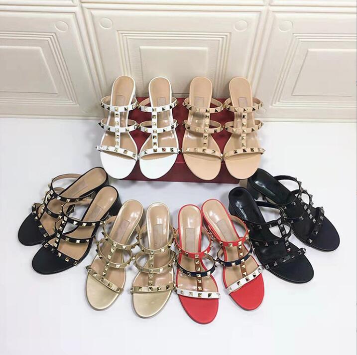 

Luxurys Women Sandals Rivets Slippers Chunky Heels 6cm Straps Open Toe Shoes Studs Sandal Classics Ankle Straps Sexy Wedding Shoe 34-44 With Box, 21