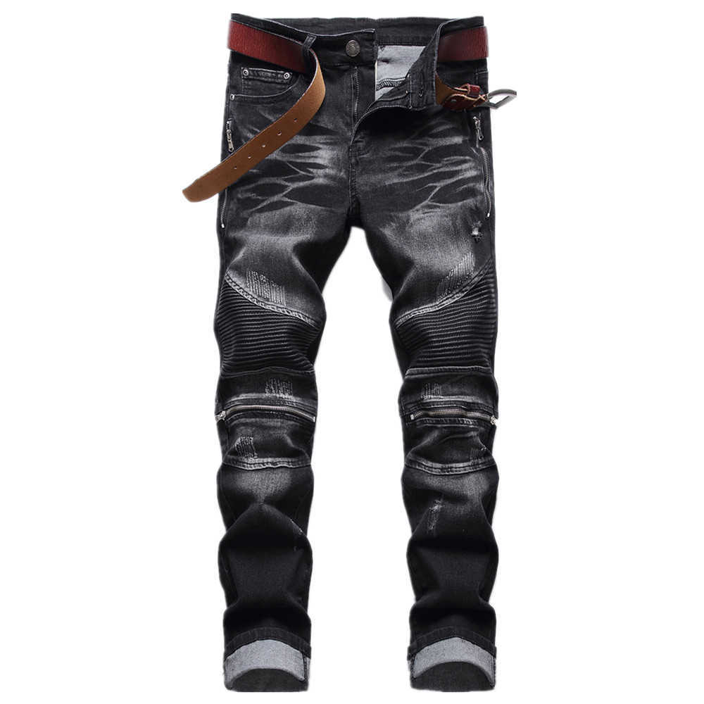 

Men's large jeans with holes locomotive zipper folds high street tide, 005 black