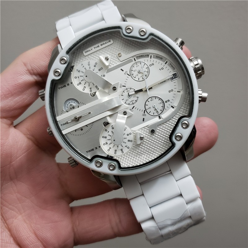

Iced Out Watch Men's Sports DZ7313 Quartz Watch White Large Steel Dial 57MM Three Eye Six Needle Waterproof World Time Full Function