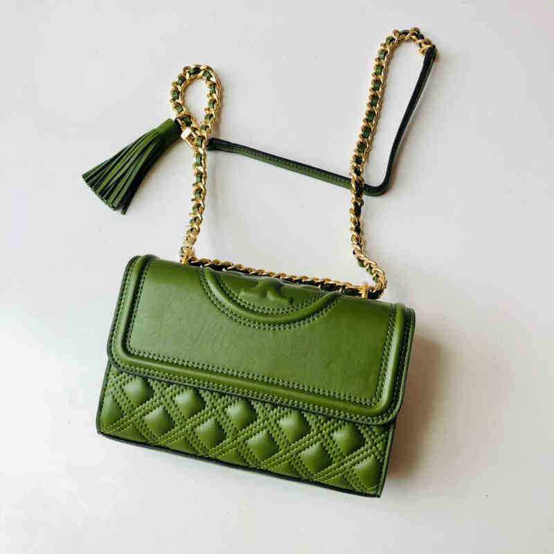 

Handbag Designer Torysburchs 2022 Bag Sheepskin Tassel Chain Single Shoulder Fleming Women's Casual Small Square Crossbody, Grass green