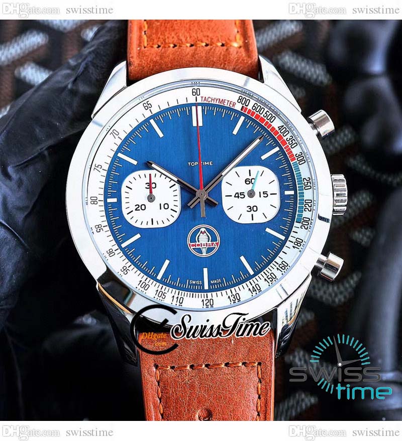 

Top Time Shelby Cobra Quartz Chronograph Mens Watch A41315A71C1X2 Steel Case Blue White Dial Stick Markers Brown Leather Strap Stopwatch Swisstime C141C3