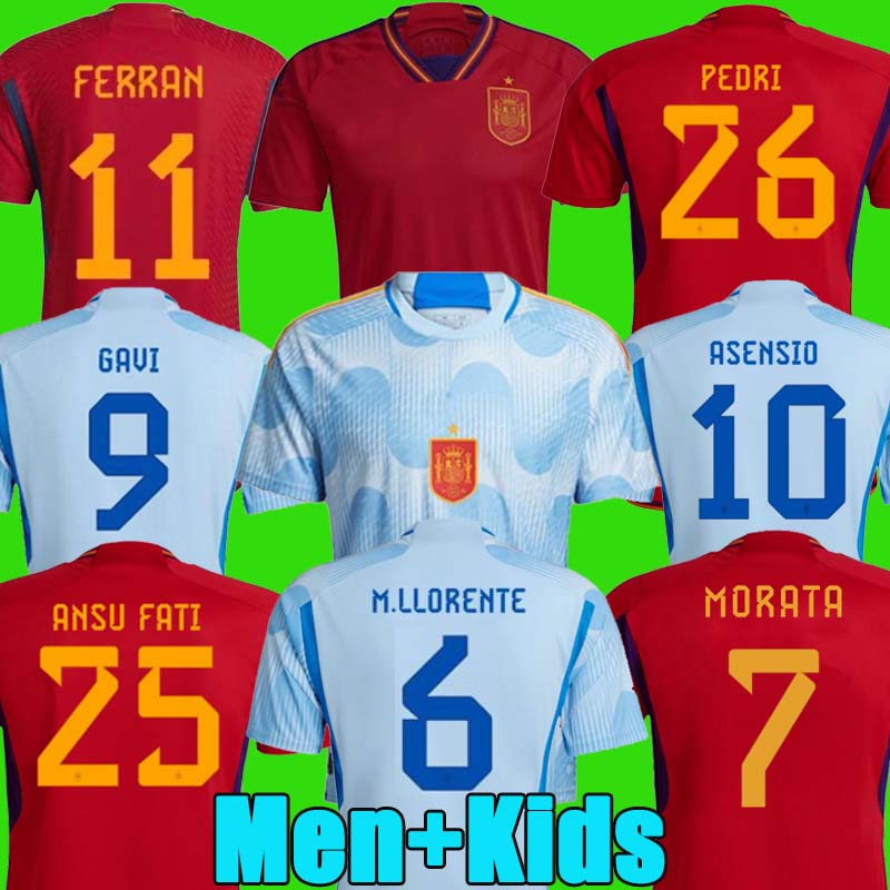 

2022 Spain soccer jersey Espana PEDRI ANSU GAVI FATI FERRAN TORRES MORATA fans player version football shirt KOKE AZPILICUETA men and kids kits sets, 2022 away kids