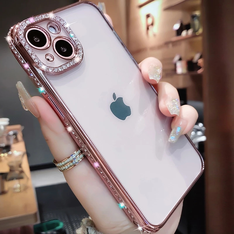 

Luxury cases Diamond Bumper Plating Transparent Case for iPhone 14 Plus 13 12 11 Pro Max x xs xr 7 8 plus Girl Female Soft Silicone Shockproof Cover