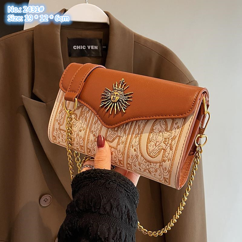 

Wholesale factory ladies shoulder bags 3 colors this year popular explosions embroidered chain bag flip contrast leather handbag sweet retro metal buckle backpack, Brown-2431#