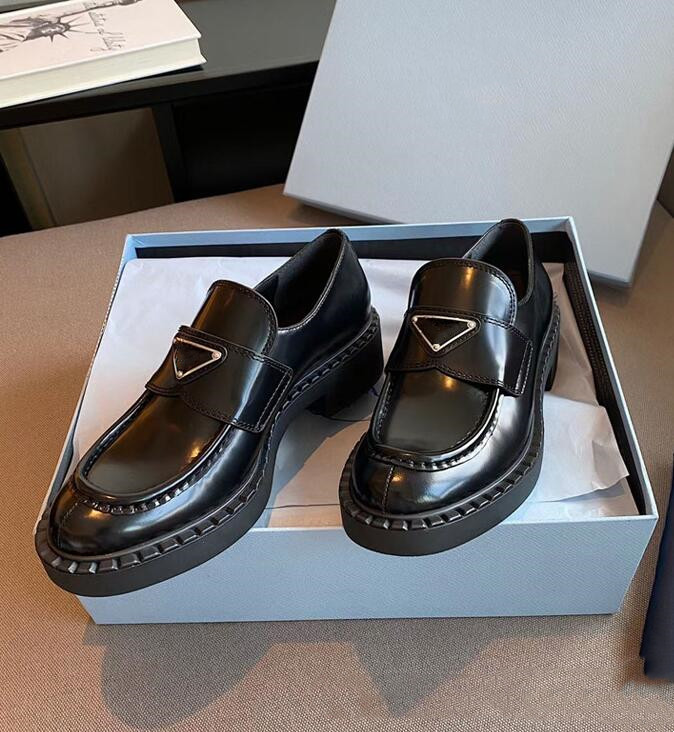 

Classics P Women Black Leather Shoes Loafers Genuine Leathers Round Toe Triangle Sign Thick Bottom Heightening Shoes with Dust Bag 41, White thick bottom