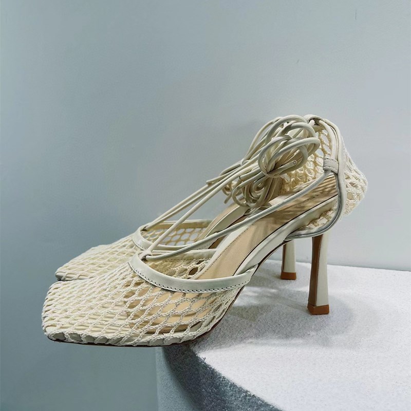 

New Summer Hollow Crystal Mesh Women's Sandals Genuine Leather Square Toe Runway Party Fashion Stiletto Sandals design high heels 35-42size, Box