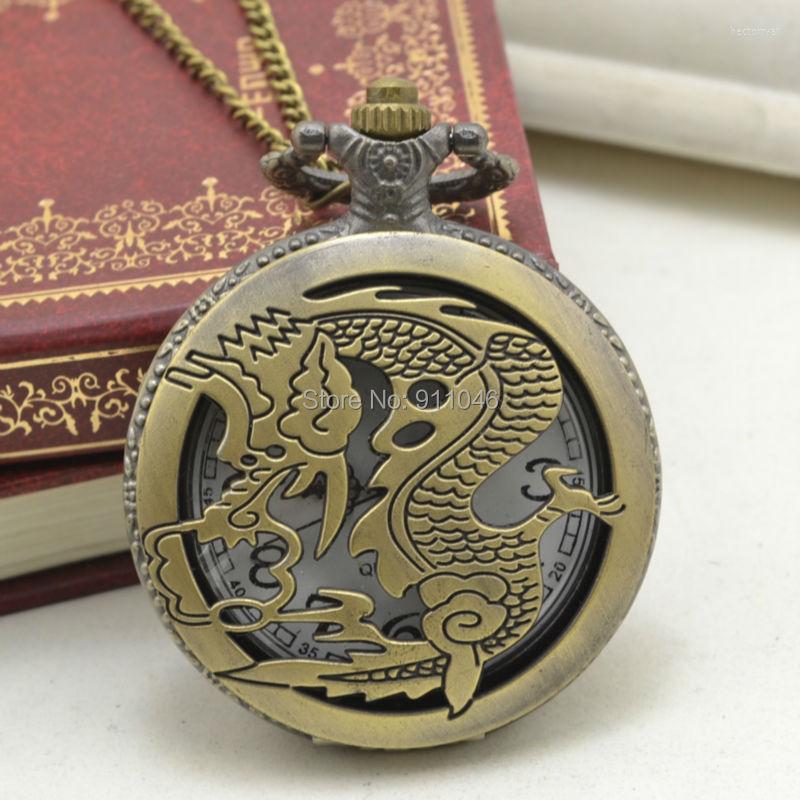 

Pocket Watches 100pcs/lot DHL Vintage Bronze Dragon Pockt Watch Antique Sweater Chain Gift Wholesale, Black