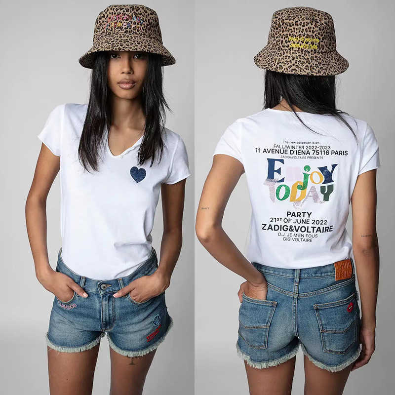 

23ss Zadig Voltaire Women Designer t Shirt Little Love Graffiti Lettering Print Tee Hot Drilling V-neck Short Sleeved T-shirt Tops Polo, White