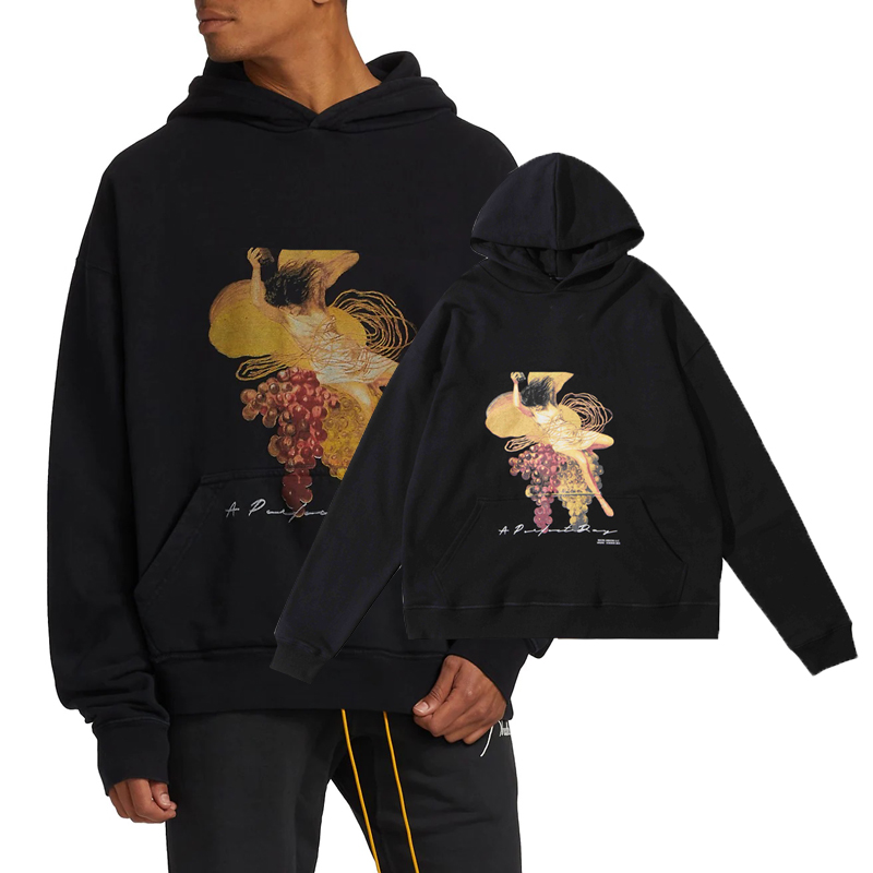 

22fw USA Vintage Grape Wine Print Hoodie Autumn Winter Plus Size Fashion Men Women High Street Thick Cotton Pullover Hooded Sweatshirt, Black