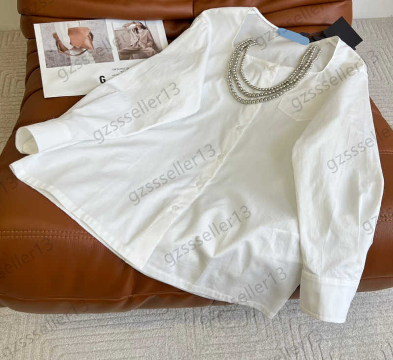 

Tops Womens Blouses Shirts Spring Triangle Card Bead Chain Pin Decoration Pure Cotton Shirt Square Collar Long Sleeves Loose Casual Blouse Women Clothing 1970