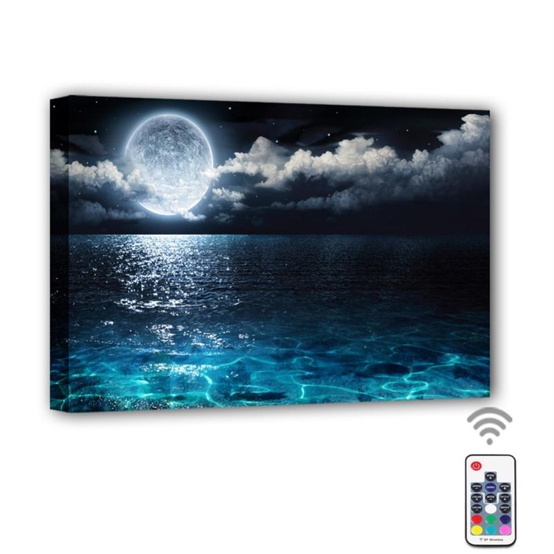 

RGB Led Canvas Wall Decorative Full moon in cloud sea beach ocean Picture Canvas Print Illuminated painting light up gift decor Y200102272o