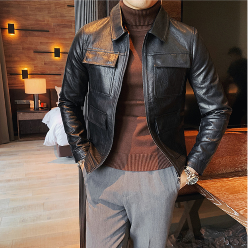 

Men's Fur Faux Lapel Zipper Leather Coat Fashion Gorgeous Spring and Autumn Jacket Slim Hsome European American Simple 221116, Brown