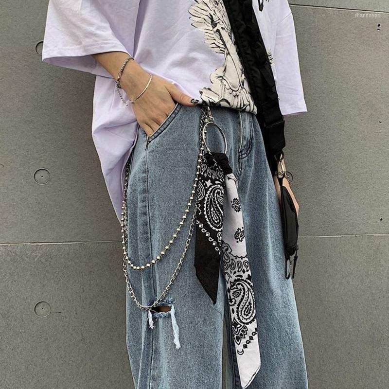 

Belts Hip Hop Paisley Biker Bandana With Double Layer Waist Metal Wallet Chain Contrast Color Headscarf Keychain Pants Belt, Black