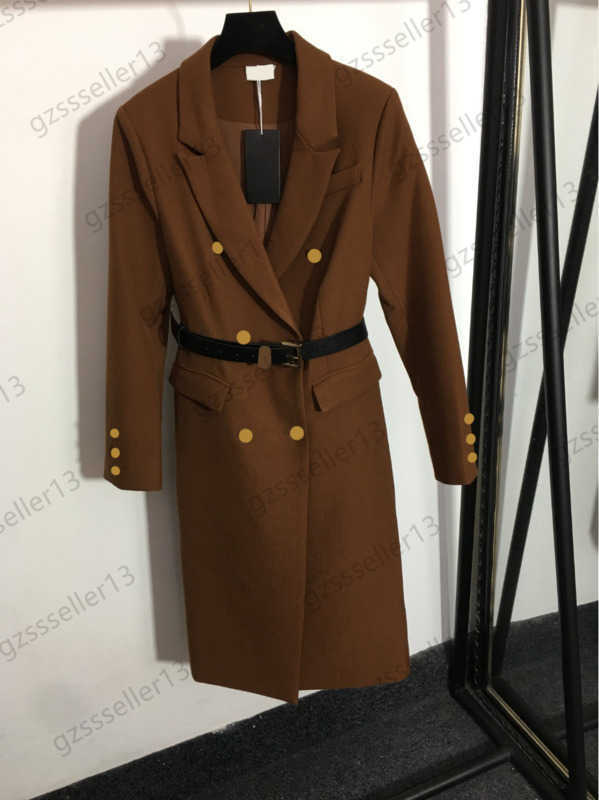 

Womens Coat Wool Blends Metal Logo Embellishment Belt Collect Waist Medium Style Trench Coats Lapel Slim Double Row Button Dresses Outerwear Women Tops 2 Colors 1970