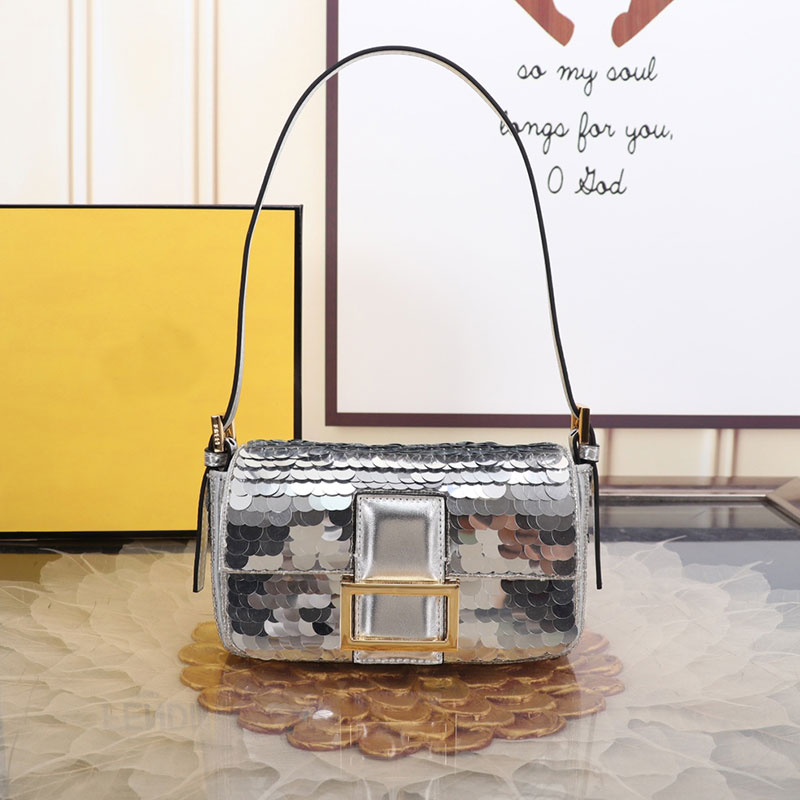 

Sequins Baguette Shoulder Bag Women Flap Handbags Purse Magnetic Clasp Gold Hardware Genuine Leather Women Hand Dinner Clutch Wallets