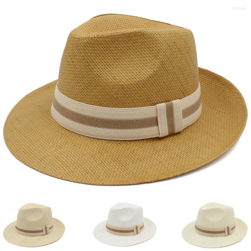 

Berets Men Women Straw Panama Hats Summer Sunhat Classical Wide Brim Cap Sombrero Beach Fedora Trilby Outdoor Travel US Size 7 1/4 UK L, Ivory