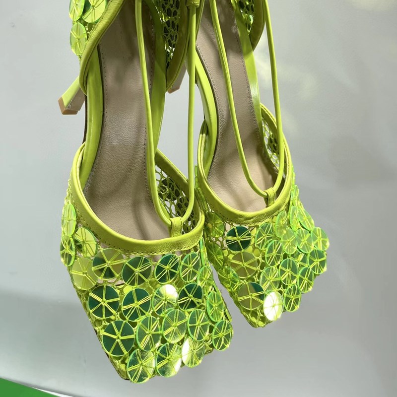 

New Summer Hollow Crystal Mesh Women's Sandals Genuine Leather Square Toe Runway Party Diamond Fashion Stiletto Sandals design high heels 35-42size, Customize box