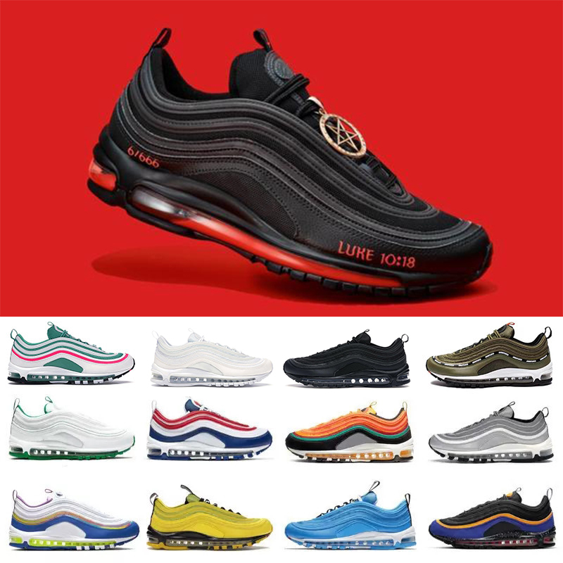 

Designer Mens 97 Running Shoes 97s Mschf x Satan INRI Jesus Undftd x Green Triple Black White South Beach Silver Bullet Sky Midnight Navy Men women sports sneakers, Color#44
