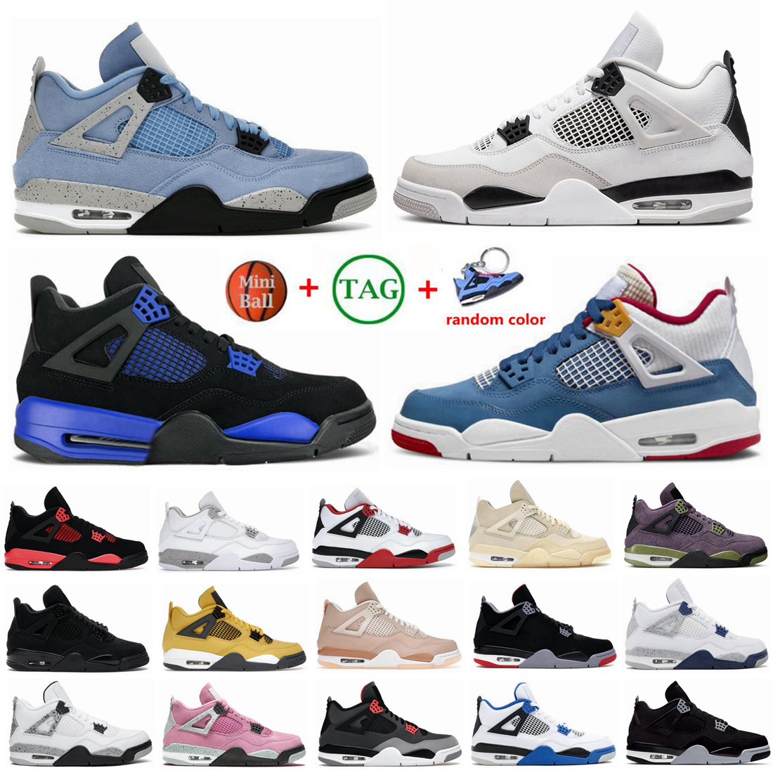 

OG NEW University Blue Jumpman 4 4s Mens Basketball Shoes Black Cat Fire Red Thunder Pine Green Mushroom White Cement Jordens 4 Sports Women, 46