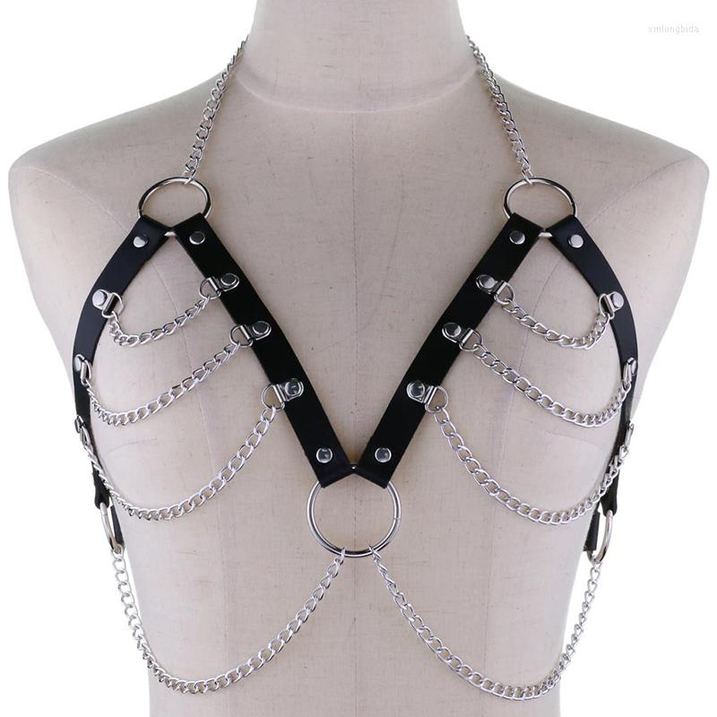 

Women's Tanks Sexy Layered Leather Body Harness Chain Bra Top Chest Waist Belt Witch Gothic Punk Fashion Metal Woman Jewelry Accessories 16 Color, Black
