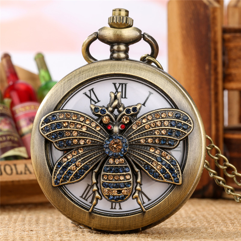 

Antique Watch Hollow Out Bee Cover Roman Number Display Quartz Analog Pocket Watches with Necklace Pendant Chain Clock, Multi-color