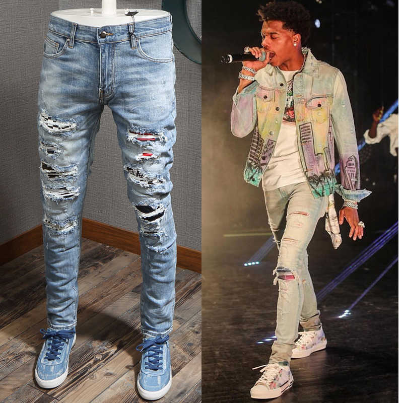 

Patches Detail Biker Fit Jeans Men Slim Motorcycle For Mens Vintage Distressed Denim Jean Pants, Amr-8315