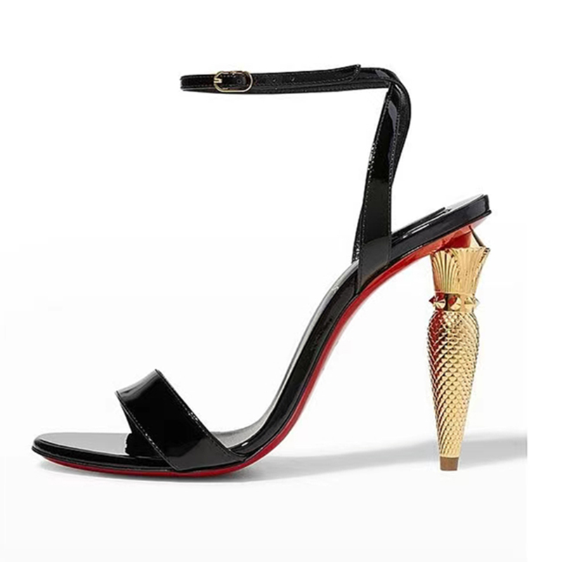 

Lipstick gold round heel sandals Women's Creole water drill leather word Buckle open toe high Luxury designer high heels 11CM Dress Wedding Party Evening shoes, Black+patent leather