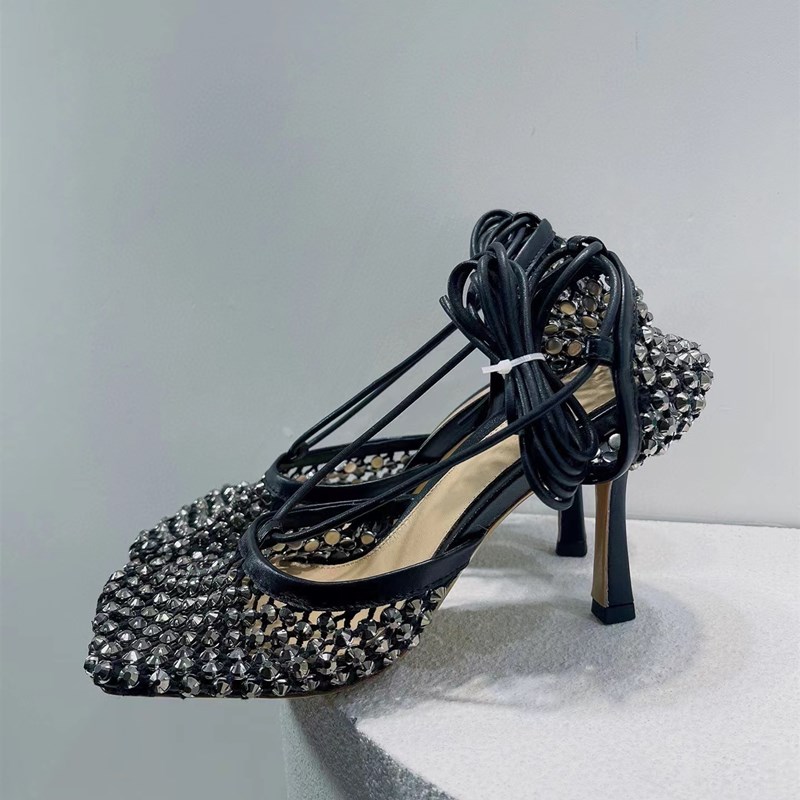 

New Summer Hollow Crystal Mesh Women's Sandals Genuine Leather Square Toe Runway Party Diamond Fashion Stiletto Sandals35-42size, Greenshoe box