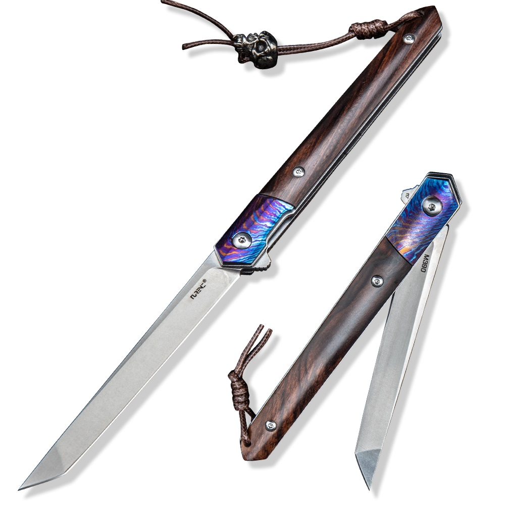 TRIVISA M390 Folding Pocket Knife & Sheath Ironwood & Titanium Damascus Handle Tanto Point EDC Knives for Self Defense Men Timascus Gift-image-820481739