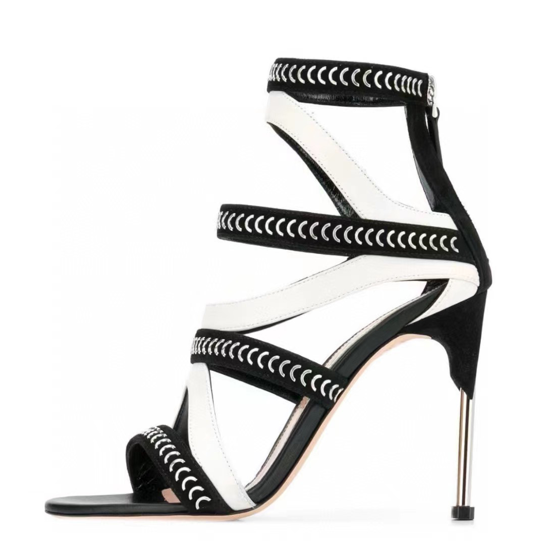 

High Heel Sandals Women's Leather Metal Slim Black Chain Decorative Strap Hollow Back Zipper Roman Sandals Luxury Designer Party Dress Shoes