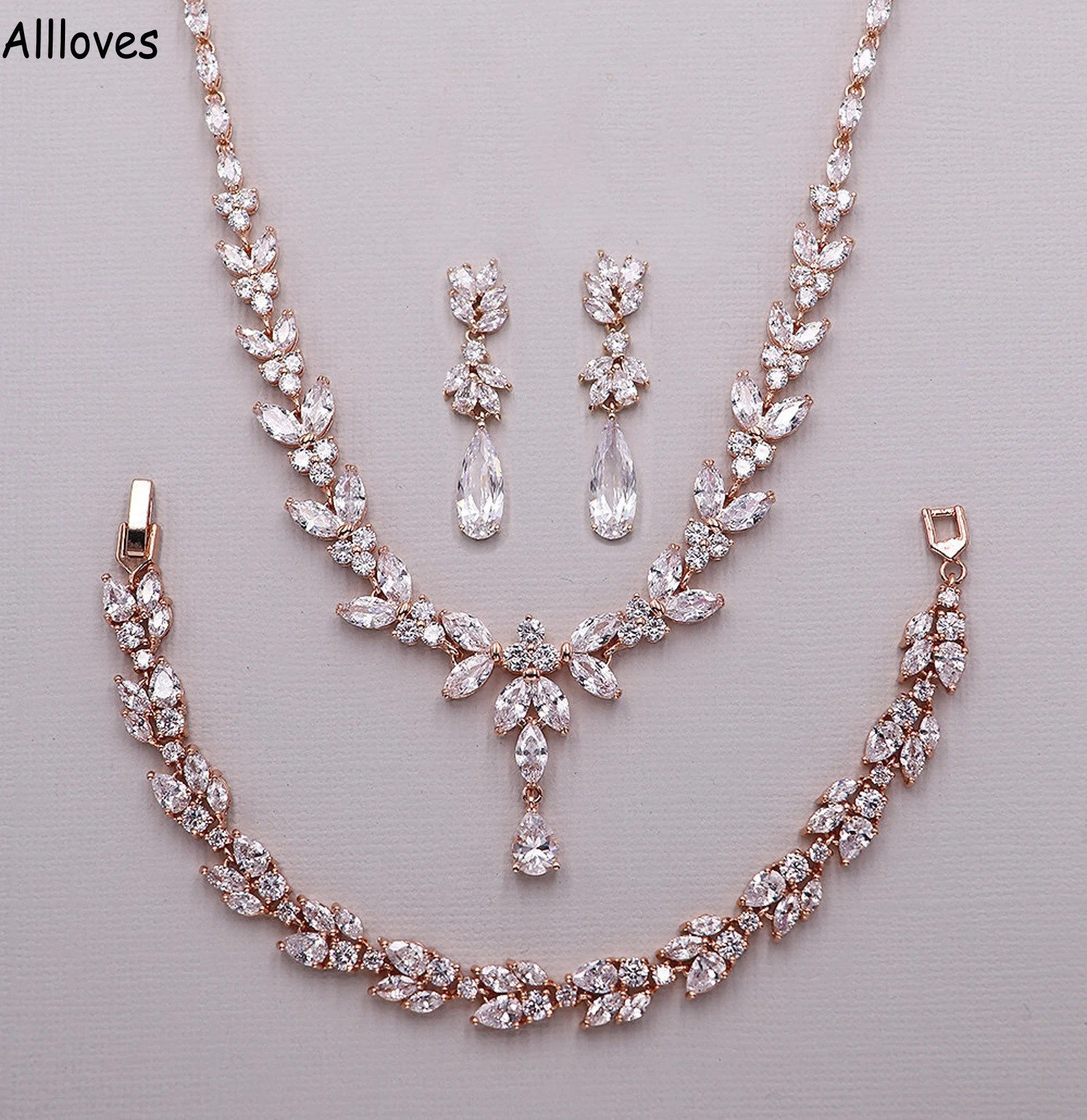 

Luxury Rose Gold Cubic Zirconia Bridal Jewelry Teardrop Earrings Silver Women Accessories for Wedding Jewelries Sets Earrings Necklace Wristband AL9760