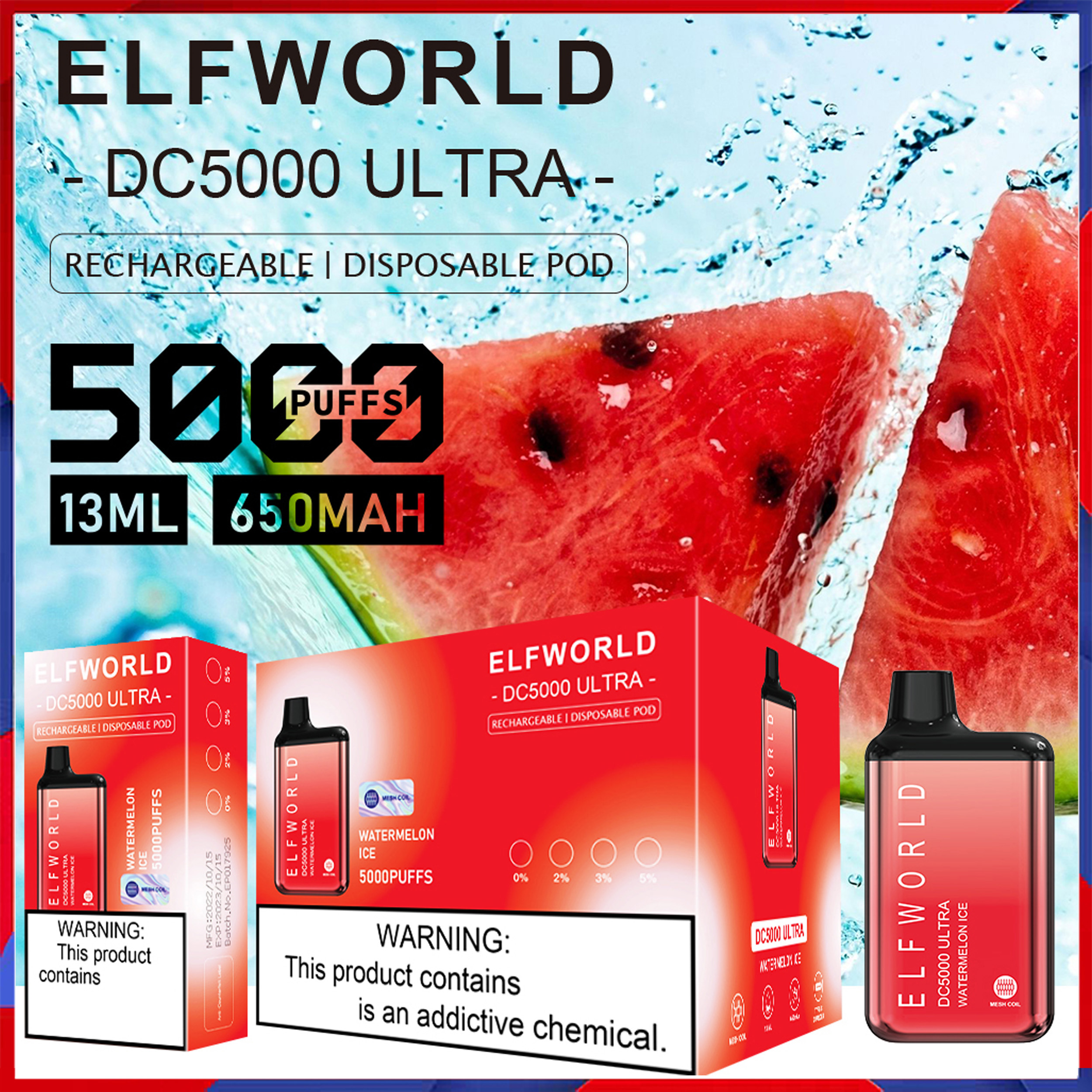 

Authentic Elfworld Ultra 5000 Puffs Disposable Vape Pen E Cigarette With Rechargeable 650mAh Battery 13ml Prefilled Pod DC5000 Bar Kit 15 Flavors