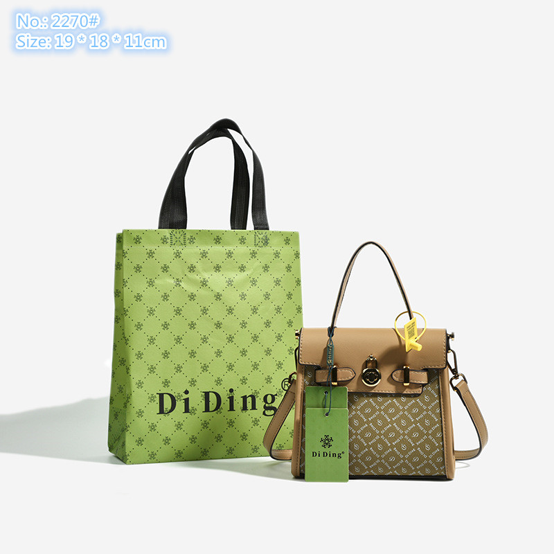 

Factory direct ladies shoulder bags 3 colors flip metal buckle fashion handbag simple Joker color matching leather bag sweet printed mobile phone coin purse, Khaki-2270#