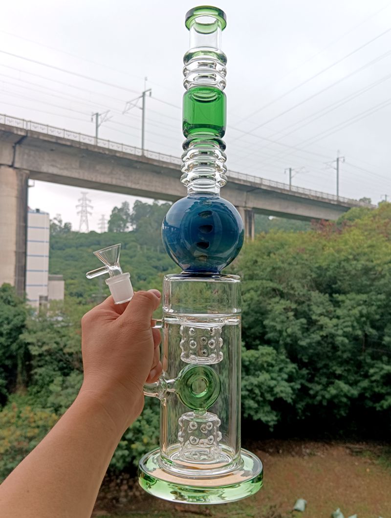 

18 inch Delicate Glass Bong Yellow Green Dab Rig with Round Ball Design Shisha 14mm Smoking Pipe Joint