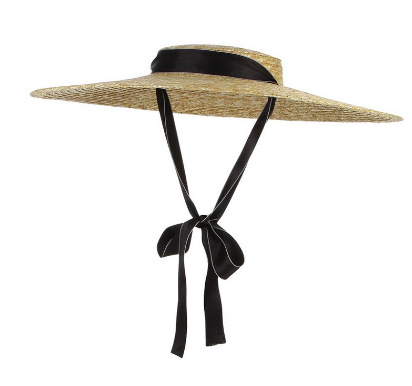 

New Large Brim Straw Hat Summer Hats For Women Ribbon Beach Cap Boater Flat Top Sun Hat5088587, Black
