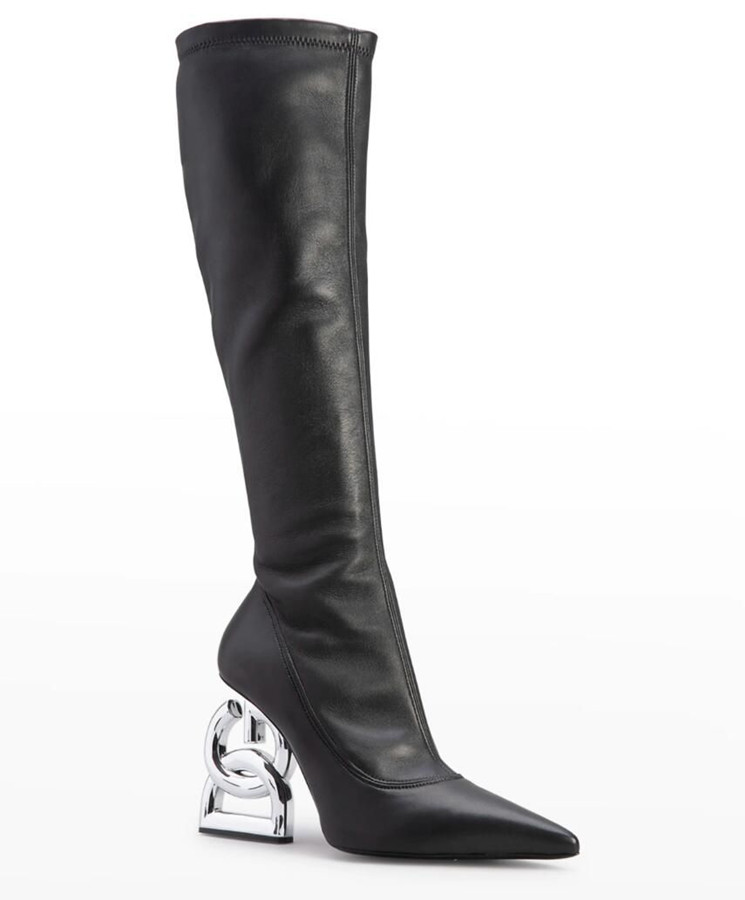 

Winter Brands Keira Pop Heel Leather Boots Baraque Heels Silver-tone Logo Lettering Long Knee Boot Black Stretch leather Pointed toe Booty EU35-43