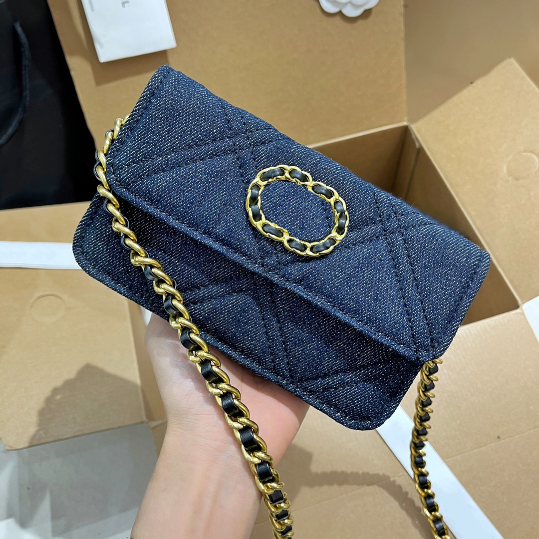 

Classic Denim Coins Purse Women Canvas Wallets Vintage Gold Silver Two-tone Metal Chain Crossbody Diamond Quilted Multi Pocket Card Holder Designer Mini Bag 15x8CM, Box