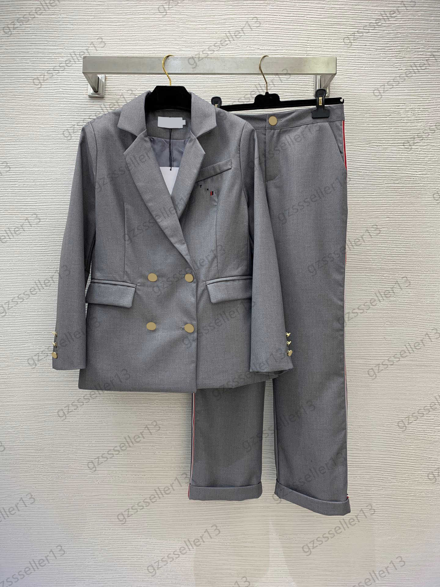 

Womens Two Pieces Pants Lettered Logo Embroidered Pocket Lapel Collect Waist Suit Jacket Side Stripe Webbing Straight Barrel Flanging Trousers Women Clothes