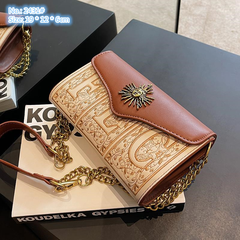 

Wholesale factory ladies shoulder bags 3 colors this year popular explosions embroidered chain bag flip contrast leather handbag sweet retro metal buckle backpack, Brown-2431#