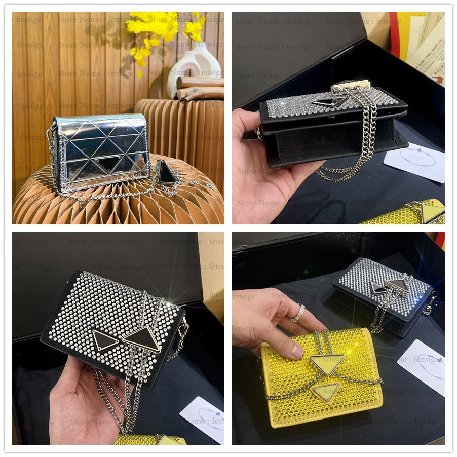 

Cleo Flap Chain Handle BagTriangle Bling Bling Diamond Cross Body Mini Bag Imitation Crystal Saffiano Womens Luxurys Designer Tote, 01