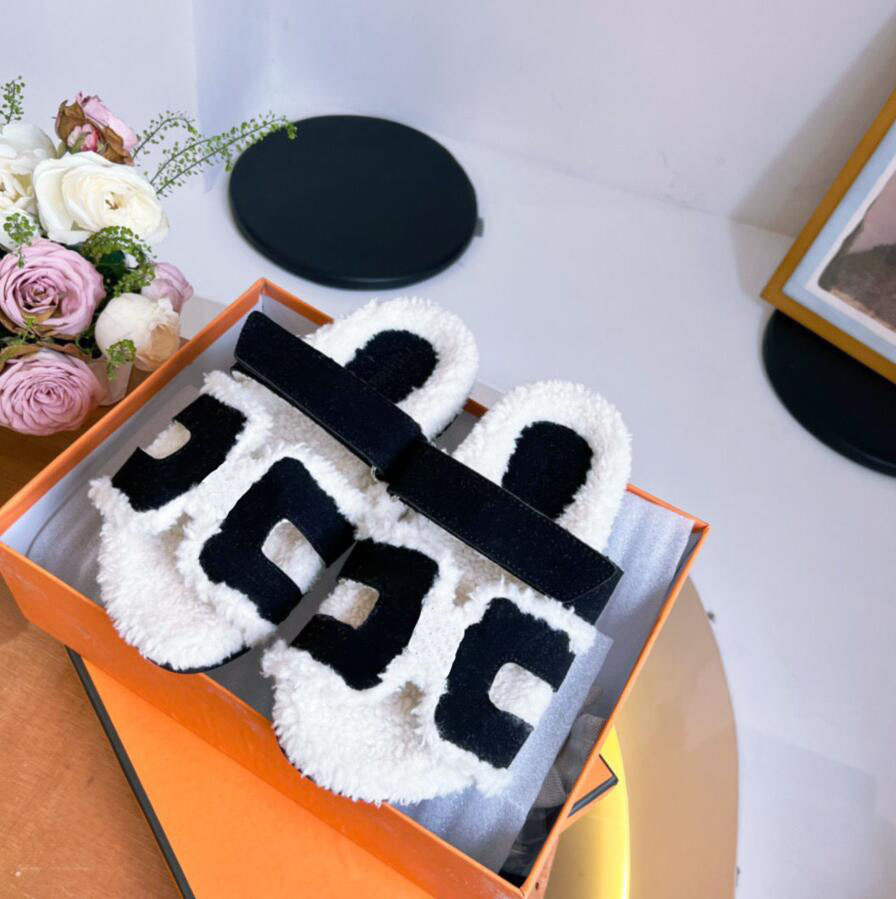 

Teddy Fleece Slippers For Women Flat Fur Slides Ladies Sandals Fashion Winter Warm Plush Flip FLops Multicolor Designer Shoes Big Size 35-45 With Box