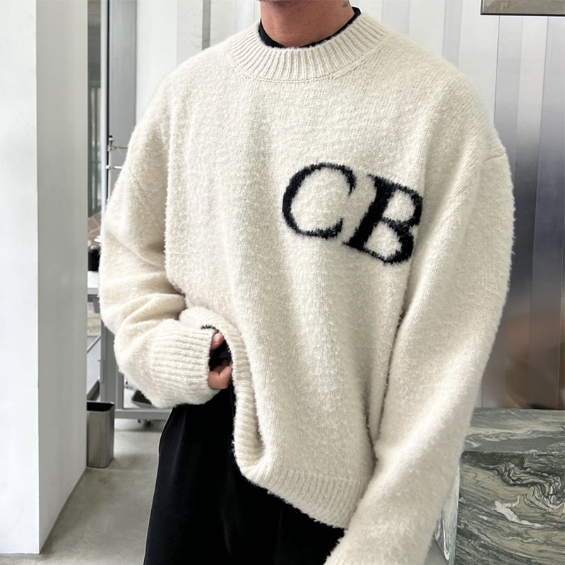 

Knit Crewneck Sweater Black Grey Ivory Casual Oversize Sweater Men Women Hip Hop Streetwear MG220424