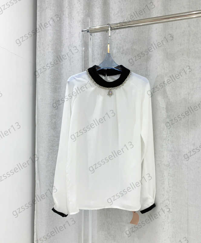 

Tops Womens Blouses Shirts Spring Broken Diamond Decoration Color Matching Collar Shirt Back Leak Pressure Plait Long Sleeves Blouse Fashion Women Clothes 1970