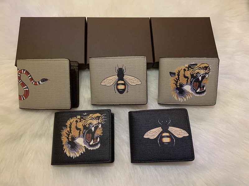 

High quality men animal Short Wallet Leather black snake Tiger bee Wallets Women Long Style Purse Wallet card Holders with gift box, Short black bee