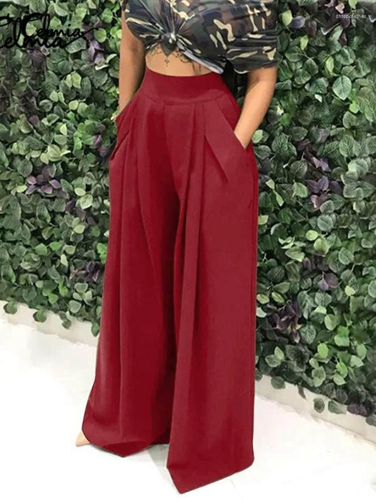 

Women' Pants Celmia 2022 Autumn Women Wide Leg Fashion High Waist Pleated Trouser Casual Loose Pocket Elegant Palazzo Oversize Pantalon, Black